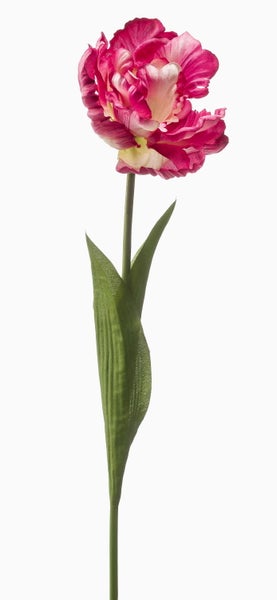Künstliche Tulpe mit gefüllter Blüte in Pink und Creme am langen grünen Stiel mit Blatt.