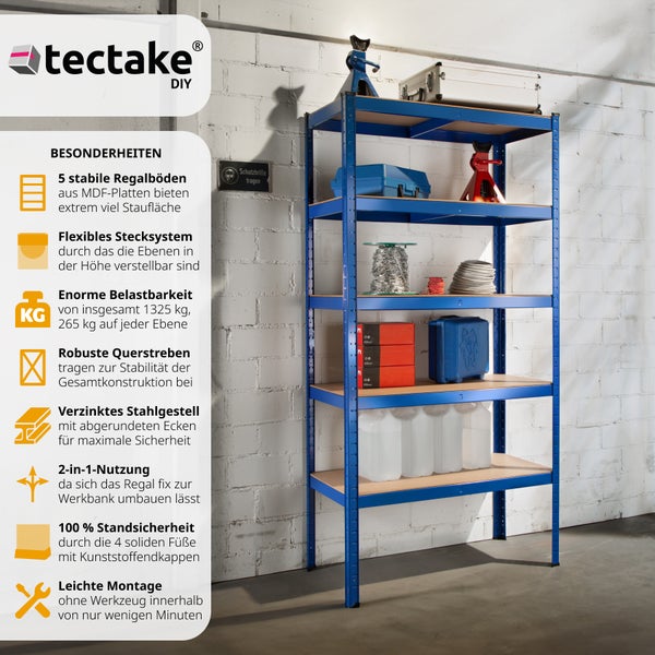 Schwerlastregal tectake  90,5 x 45,5 x 180,5 cm mit 5 Böden blau
