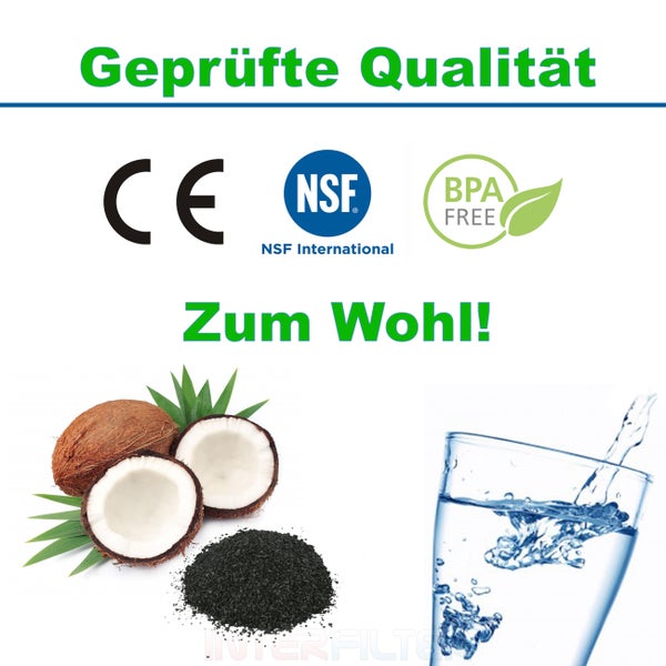 Infografik für Wasserfilter mit CE Kennzeichnung, NSF Zertifikat und BPA frei Siegel sowie Abbildung von Kokosnuss Aktivkohle und einem Glas Wasser.