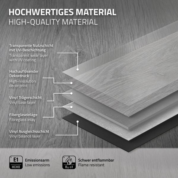 ML-Design Deluxe PVC Bodenbelag, Click Vinyl-Dielen, Vinylboden, 122 cm x 18 cm x 4,2 mm, Dicke 4,2mm, 7,7m²/35 Dielen, Windswell Hickory Eiche Holzoptik, Grau, modern, wasserfest, Belastungsklasse 34