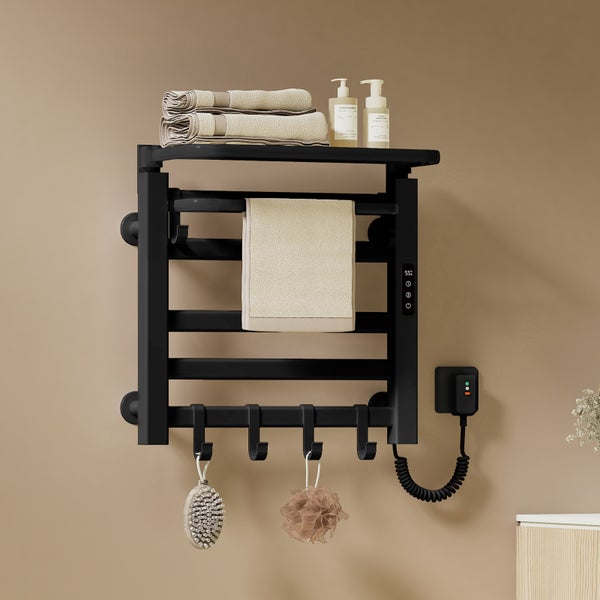 EMKE WIFI Pure Elektrischer Handtuchheizkörper mit Regal und Hakenhalter, 50×50×25 cm, Schwarz