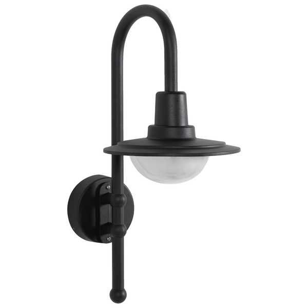 Schwarze Außenwandleuchte mit gebogenem Arm und weißem Diffusor unter einem flachen Schirm.