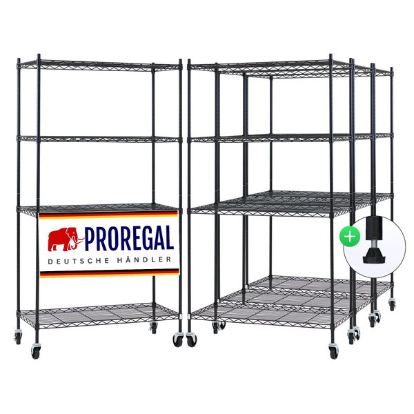 Schwarze Drahtregale auf Rollen von Proregal. Set aus Regaleinheiten mit Gitterböden und Rollen inklusive Proregal Logo.