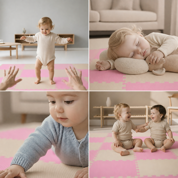 Kleinkinder spielen und schlafen auf einer weichen Puzzlematte mit beigefarbenen und rosa quadratischen Elementen in einem Wohnzimmer.