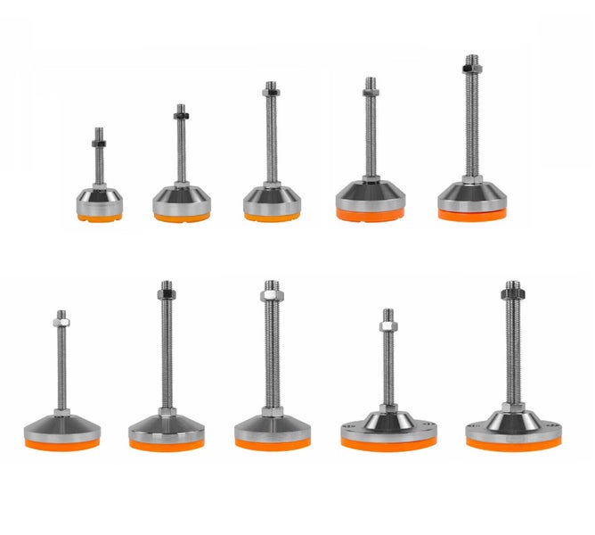 Stellfüße aus Metall mit Gewindestange zur Höhenverstellung in verschiedenen Größen.