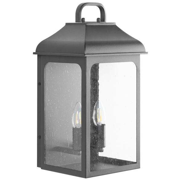 Schwarze Außenwandleuchte in Laternenform aus Metall und Glas mit zwei Leuchtmitteln.