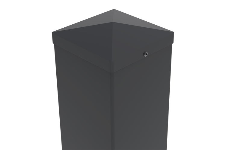 Pyramidenförmige Pfostenkappe für quadratische Zaunpfosten mit Schraubbefestigung.