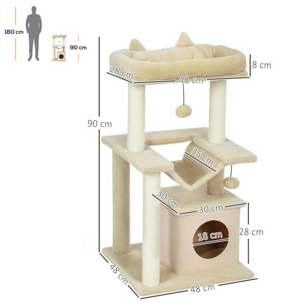 PawHut Katzenbaum 90 cm Kratzbaum mit Hängematte Spielbaum Katzenhöhle Plattformen Kletterbaum Katzenkratzbaum Aktivitätskratzbäum Plüsch Sisal Creme