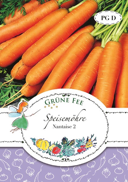Samentüte für Speisemöhre Nantaise 2, Grüne Fee Logo, Abbildung von mehreren Karotten mit Kraut.