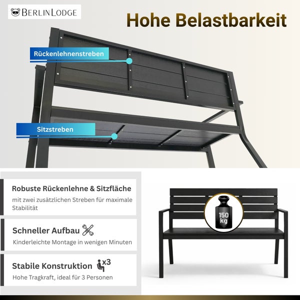 BerlinLodge Logo. BerlinLodge Gartenbank für drei Personen mit hoher Belastbarkeit von 150 Kilogramm sowie robusten Verstrebungen an Rückenlehne und Sitzfläche.