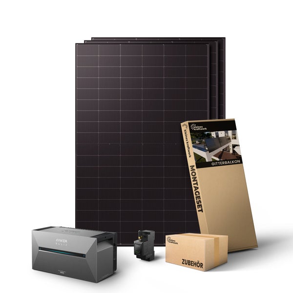 Balkonkraftwerk Set mit vier Solarmodulen, Anker SOLIX Speicher, Montageset für Gitterbalkone und Zubehörbox.