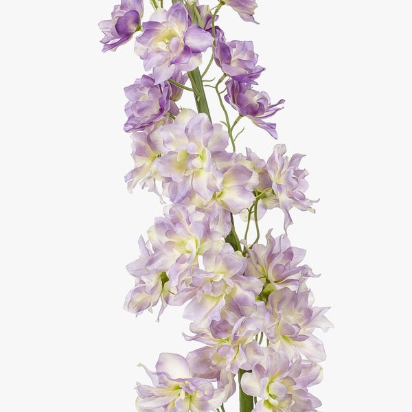 Künstlicher Rittersporn Zweig mit lila und cremefarbenen Blüten.