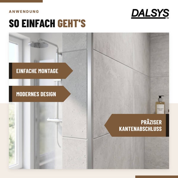 Dalsys Fliesenprofil als Kantenabschluss an einer gefliesten Duschwand mit Hinweisen zur einfachen Montage und modernem Design.