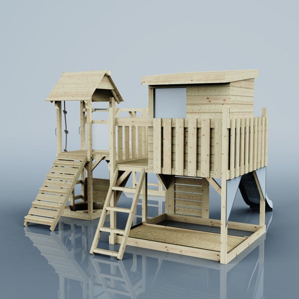 Spielplatz mit Spielhaus, Rutsche, Kletterwand und Sandkasten aus Holz
