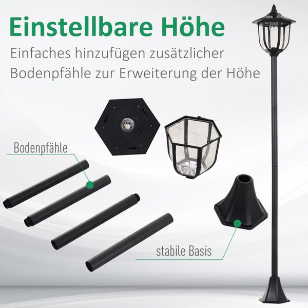 Outsunny Solar LED Gartenlaterne, Gartenleuchte, 30/60 Lumen, Ø26,5 x 177 cm, Kunststoff, Schwarz