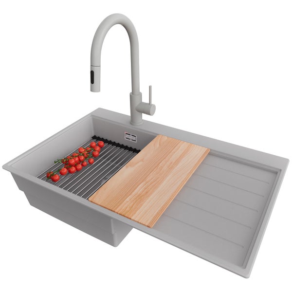 Spüle mit Abtropffläche, Spültischarmatur und Zubehör