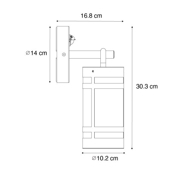 Maßzeichnung einer Außenwandleuchte mit Bewegungsmelder: Höhe 30,3 Zentimeter, Tiefe 16,8 Zentimeter, Durchmesser der Wandhalterung 14 Zentimeter.