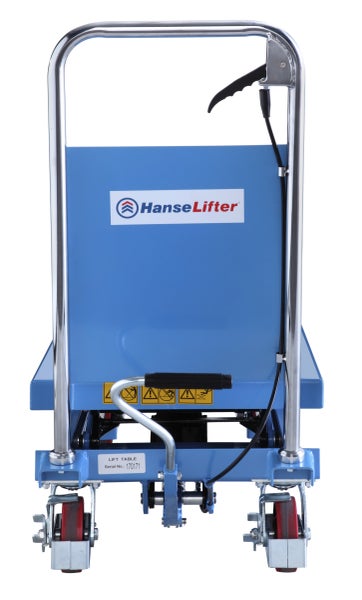 HanseLifter Logo auf einem blauen Hubtischwagen