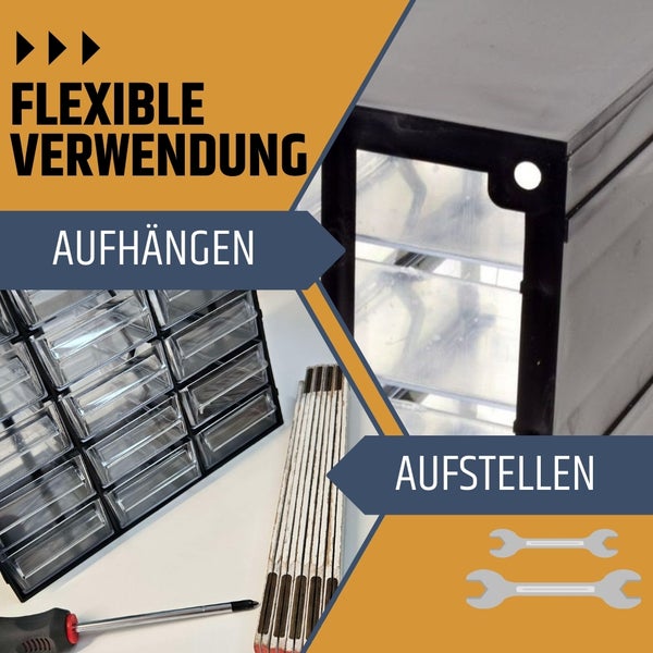 Auf dem Bild sind eine Werkzeugkiste, ein Zollstock und ein Schraubendreher zu sehen, die die flexible Verwendung und Aufstellung verdeutlichen.