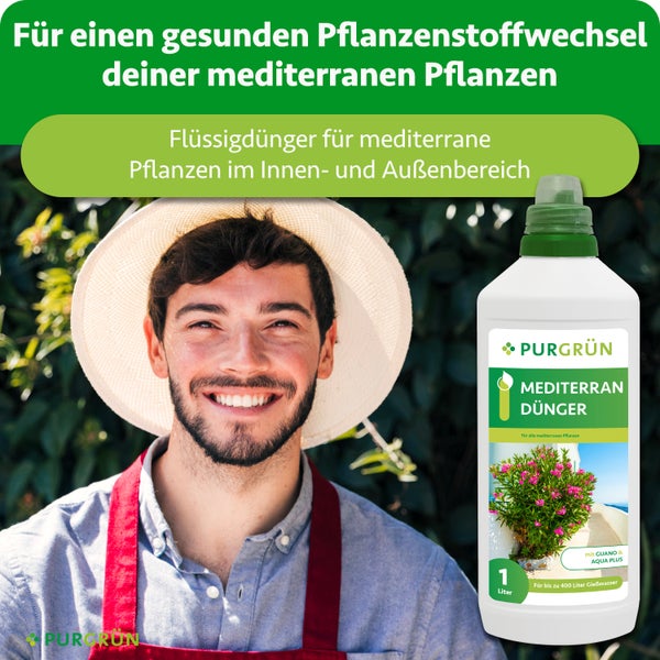 1-Liter-Flasche Purgrün Mediterran Dünger für gesunden Stoffwechsel, Flüssigdünger für innen und außen, lächelnder Gärtner, Purgrün Logo.