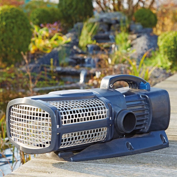 Teichpumpe aus Kunststoff mit Tragegriff und großem Ansaugfilter an einem Gartenteich.