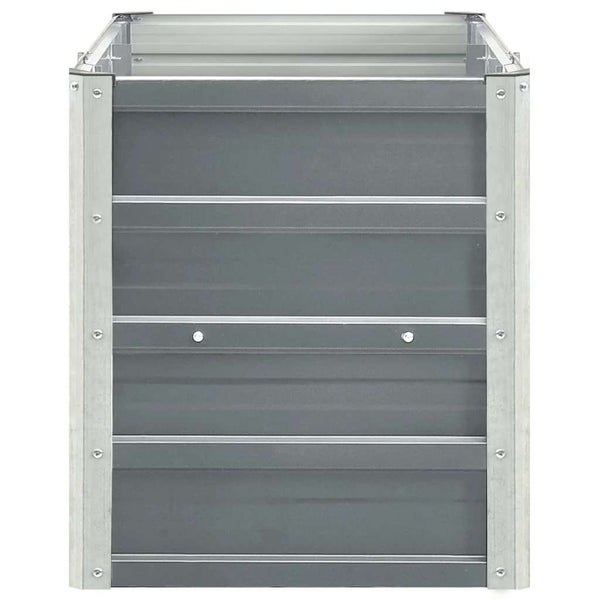 Seitenwand für ein Hochbeet aus Metall mit horizontalen Lamellen und silberfarbenen Eckpfosten.