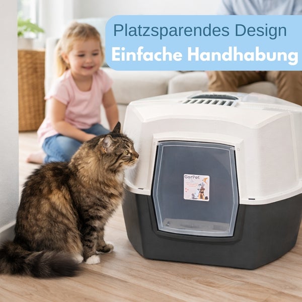 Katze neben Katzentoilette mit platzsparendem Design und einfacher Handhabung