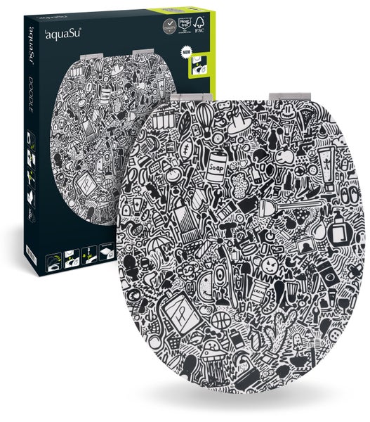 aquaSu® WC-Sitz mit Motiv Doodle | Holzkern Toilettendeckel mit Absenkautomatik | Belastbar bis 300 kg | 3-seitig | O-Form | Top-Fix | Take-Off | Kunststoffscharnier | Schwarz | 407458