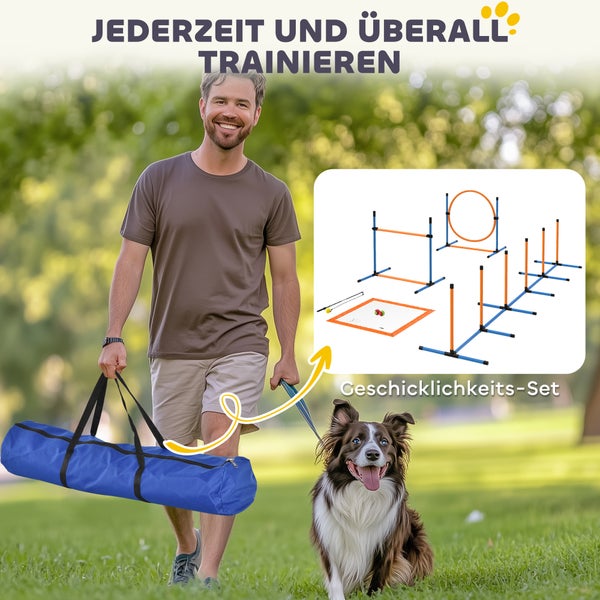 PawHut Agility Set Hunde 7-teilig Agility-Ausrüstung für Hundetraining Steckhürdenset mit Slalomstangen Sprunghoop 2 Bälle höhenverstellbar Hürden Koordinationstraining für Spiele Training