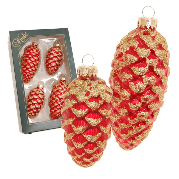 Glas-Tannenzapfen Rot Glanz/Satin mit Gold-Glitter, 4er Set (2 klein 8cm + 2 groß 10cm), 4 Stck., Weihnachtsbaumkugeln, Christbaumschmuck, Weihnachtsbaumanhänger