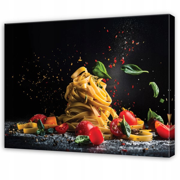 Leinwandbild mit einer künstlerischen Darstellung von Tagliatelle Nudeln mit Kirschtomaten und Basilikumblättern in einer dynamischen Bewegung