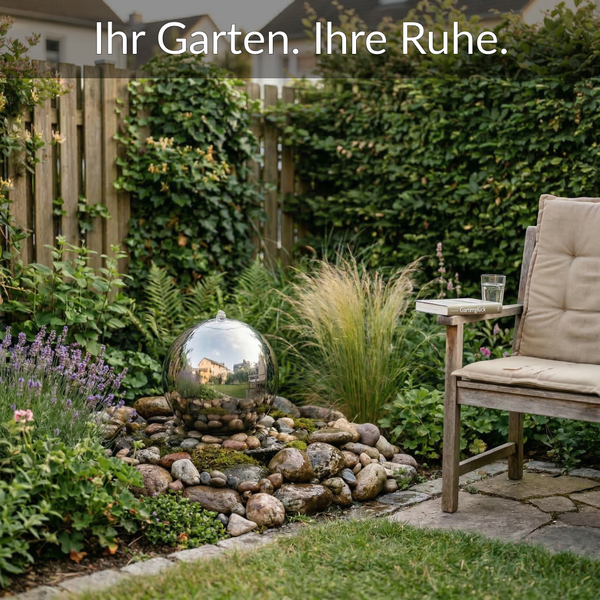 Helle Gartenszene mit einem reflektierenden Edelstahl-Kugelbrunnen auf Natursteinen, umgeben von üppigen Pflanzen und einem Gartenstuhl aus Holz.