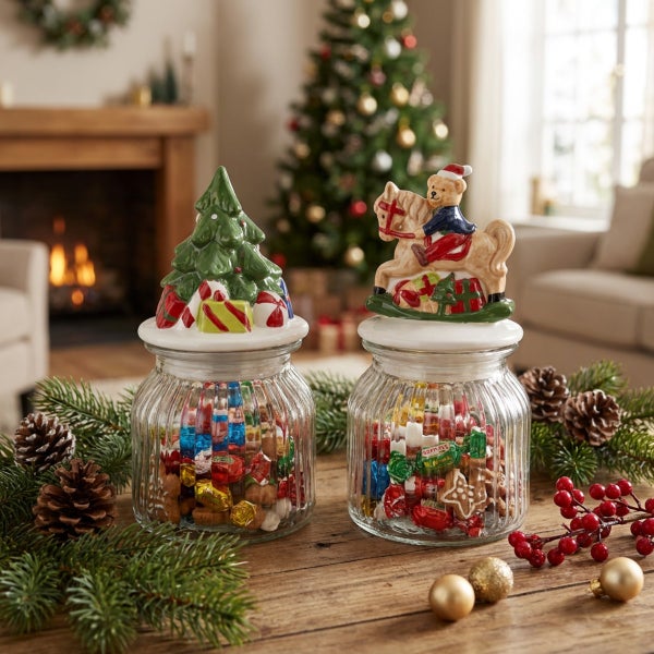 Zwei dekorative Glasbehälter mit weihnachtlichen Keramikdeckeln für Plätzchen oder Süßigkeiten, platziert auf einem Holztisch mit Tannenzweigen.