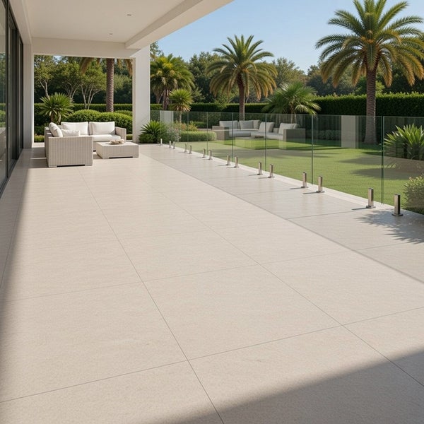 Moderne Terrassenfliesen auf einer weitläufigen überdachten Terrasse mit Glasgeländer und Blick in einen Garten mit Palmen.