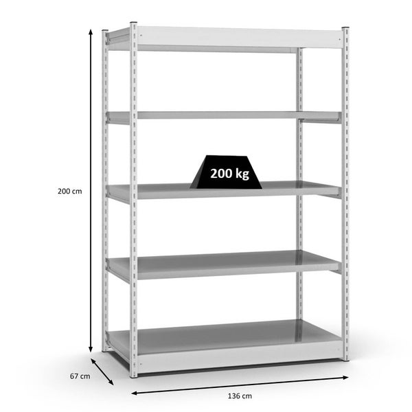 PROREGAL Fachbodenregal Stecksystem Vierkant-Profil Grundregal HxBxT 200 x 132,5 x 60 cm 5 Ebenen Einseitige Bauart Fachlast 200 kg Lichtgrau