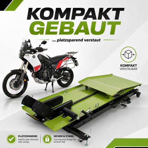 Kompakte Motorradhebebühne, platzsparend und stabil für Werkstatt oder Garage, neben einem Motorrad dargestellt.