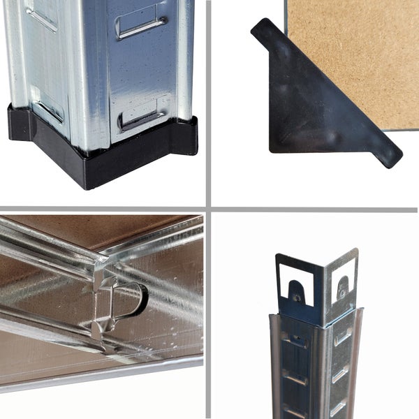 Detailaufnahmen von Steckregal Komponenten aus verzinktem Stahl mit Kunststofffüßen und Fachbodenhalterung für den Regalaufbau.