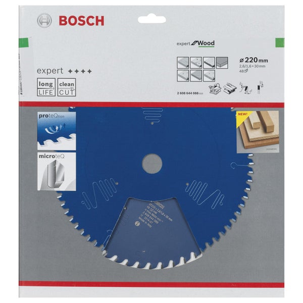 Bosch Logo. Kreissägeblatt mit 220 Millimeter Durchmesser und 48 Zähnen in Verpackung.