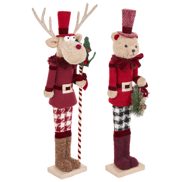 Technische Zeichnung von zwei weihnachtlichen Figuren, ein Rentier und ein Bär mit Maßangaben in Zentimetern.