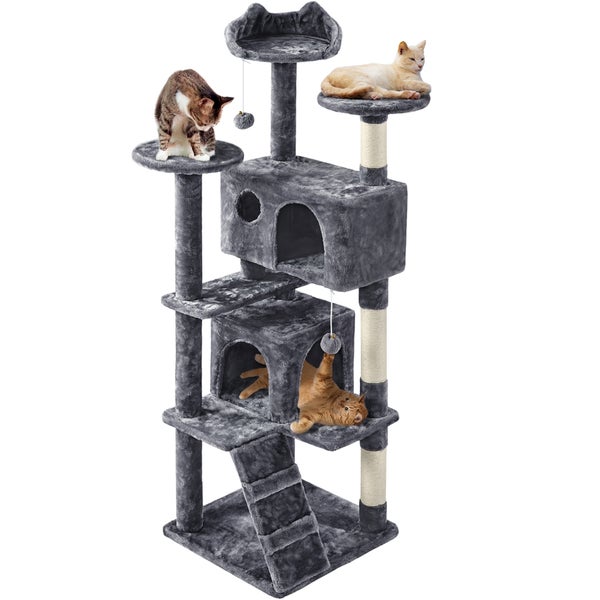 Mehrstöckiger Katzenkratzbaum mit Liegeflächen, Höhlen und Spielzeugen.