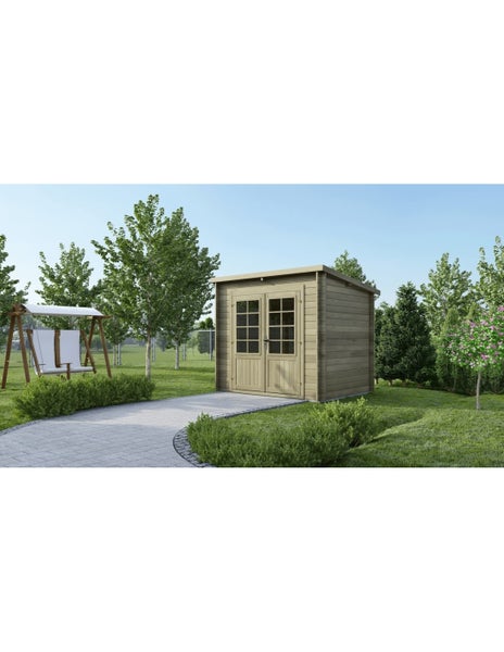 Holz-Gartenhaus mit Pultdach und Doppeltür mit Glaseinsätzen in einer Gartenanlage mit gepflastertem Weg.
