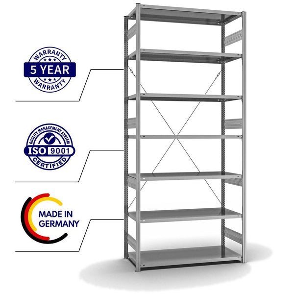 PROREGAL Fachbodenregal Stecksystem T-Profil Heavy-Duty Grundregal HxBxT 300 x 130 x 60 cm 7 Ebenen Fachlast 330 kg Einseitig Nutzbar Verzinkt