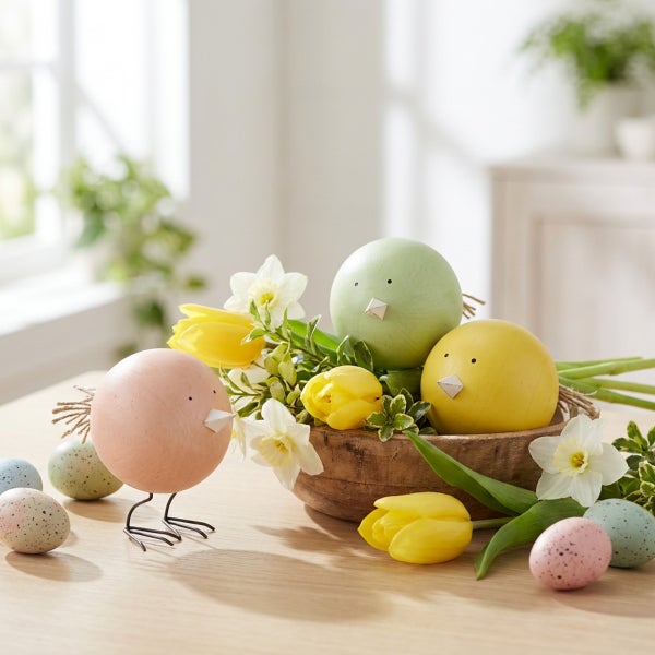 Osterdekoration mit drei Holzvögeln in einer Holzschale, arrangiert mit frischen Tulpen, Narzissen und gesprenkelten Ostereiern auf einem Holztisch.