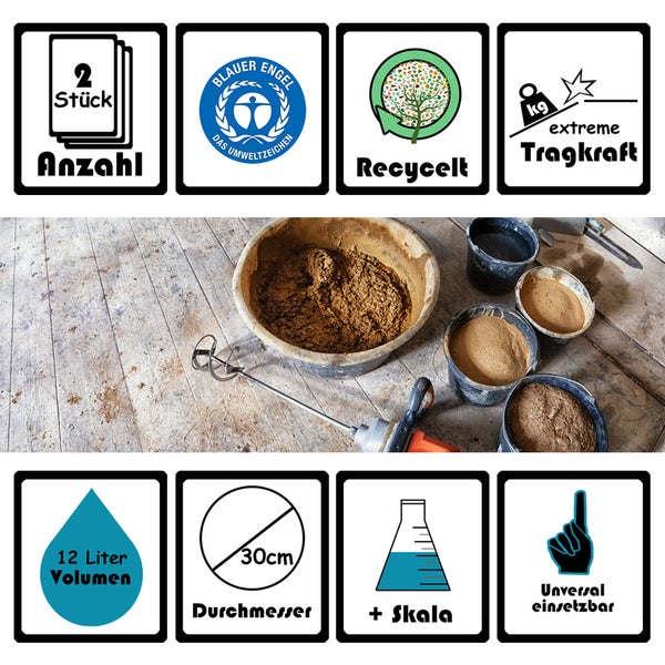 Produktbild mit Hinweisen zu Stückzahl, Umweltzeichen, Recycelt, Tragkraft, Volumen, Durchmesser, Skala und Anwendbarkeit.