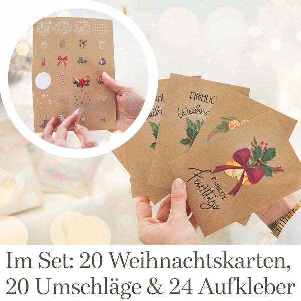 Weihnachtskarten mit Umschlag Set - 20 Karten Weihnachten Set - A6 Christmas Cards - Weihnachtskarte Postkarten -Weihnachtsgrußkarten Set - Weihnachtspostkarten Set für Weihnachten - Set Klein