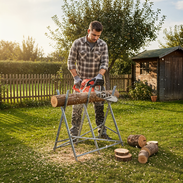 Mann sägt Holzscheit mit einer Kettensäge im Garten auf einem Sägebock