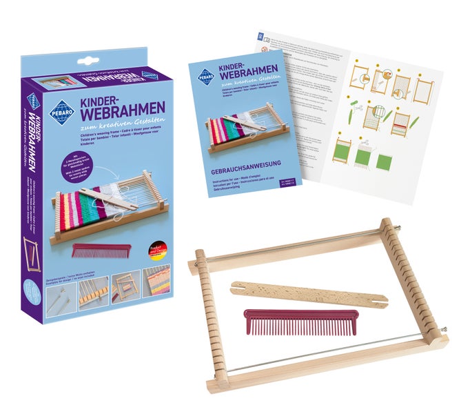Pebaro Kinderwebrahmen Set mit Webrahmen aus Holz, Webkamm und Metallspießen sowie bebilderter Anleitung in der Originalverpackung.