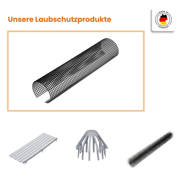 Übersicht von Laubschutzprodukten wie Gitter, Siebe und Bürsten für Dachrinnen. Hergestellt in Deutschland.