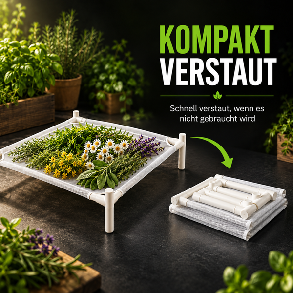 Zusammenklappbarer Kräutertrockner mit Netzgewebe, ideal zum Trocknen von frischen Kräutern und Blüten, platzsparend verstaubar.
