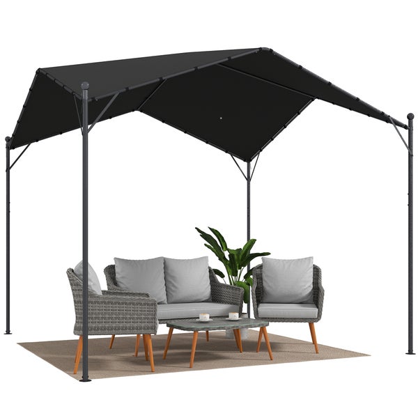 Moderner Gartenpavillon mit Stoffdach über einer Lounge-Sitzgruppe aus Polyrattan mit Tisch und Sesseln auf einem Außenteppich.
